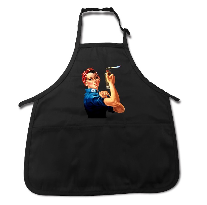 Rosie the Riveter as an Encaustic Painter with a torch on a black artist apron. Design by Ruth Maude