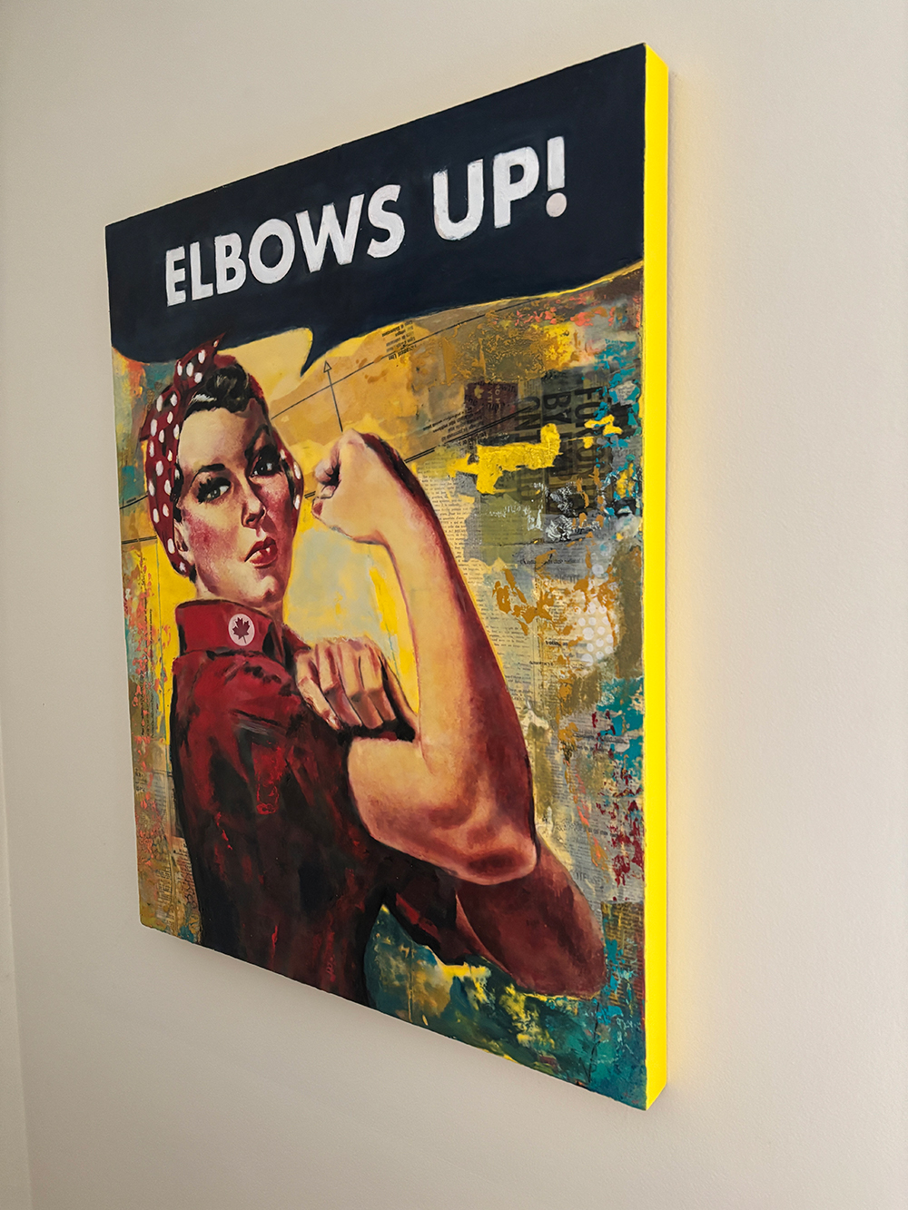 Rosie the Riveter Elbows Up! installation view -Encaustic Mixed Media painting by Ruth Maude
